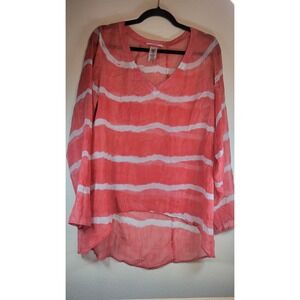 Language Silk Sheer V-Neck Long Sleeve‎ Blouse Coral Stripe Size M